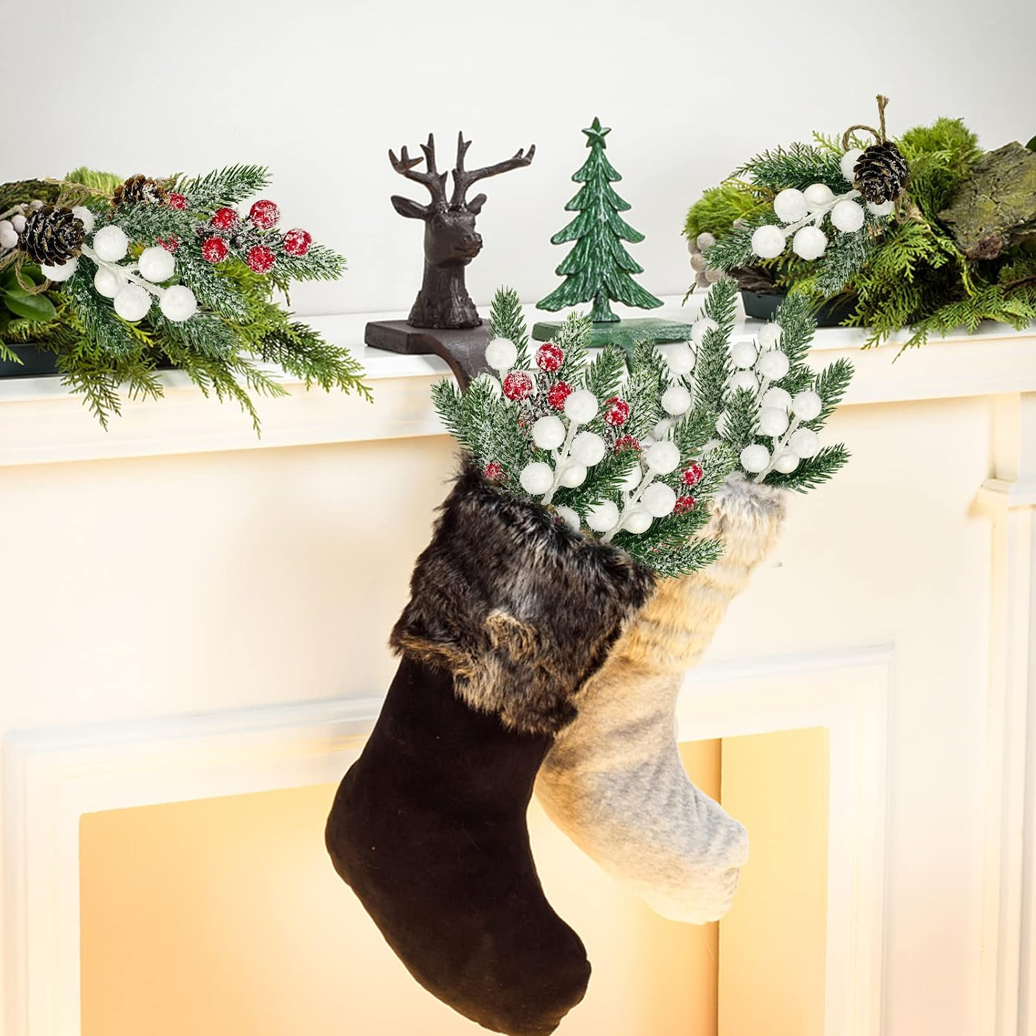 White Berry Stems Floral Pine Cones 10PCS Christmas Artificial Pine Branches