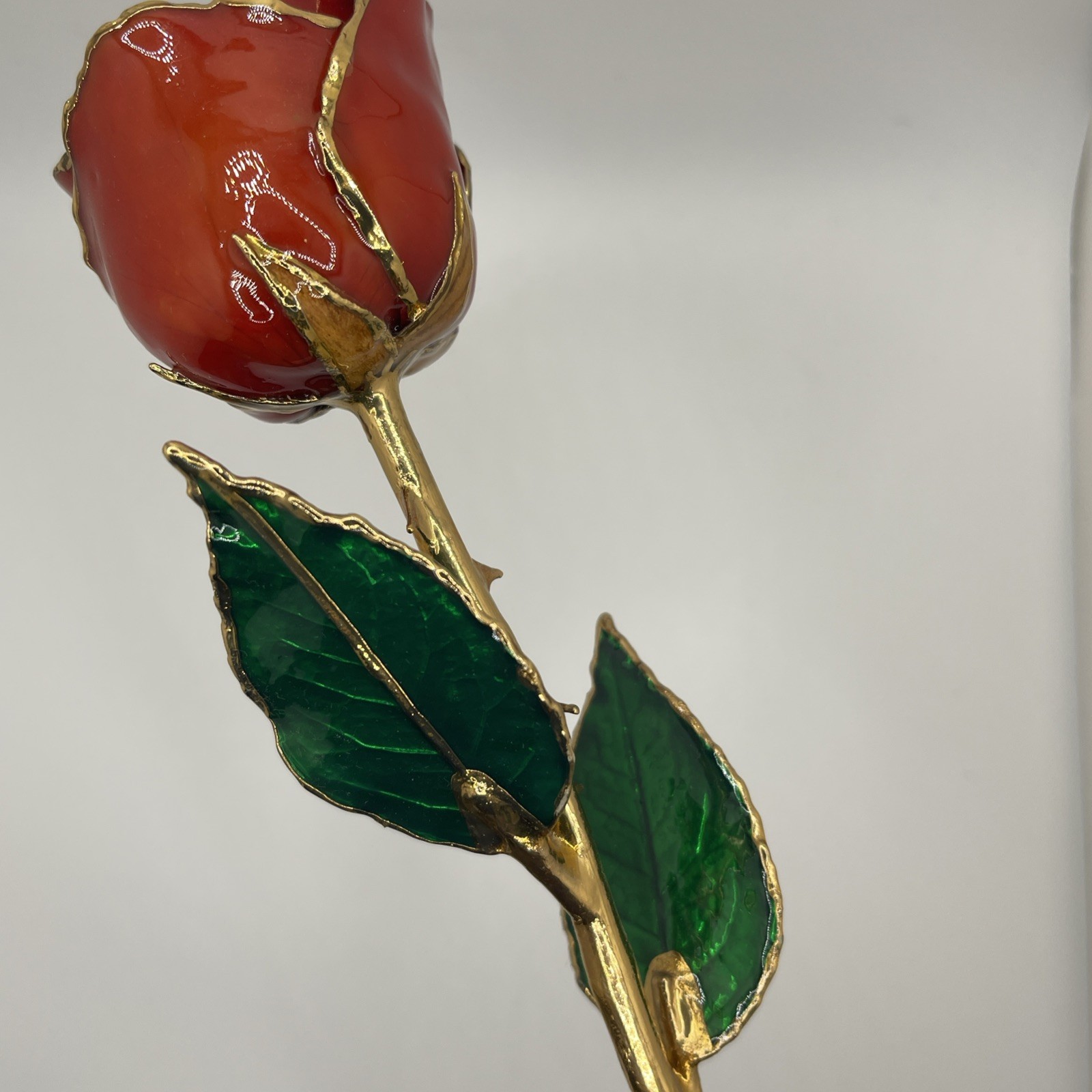 Genuine Real Rose Trimmed In 24 Kt. Gold Long Stem Rose Red Rose Green Leaves