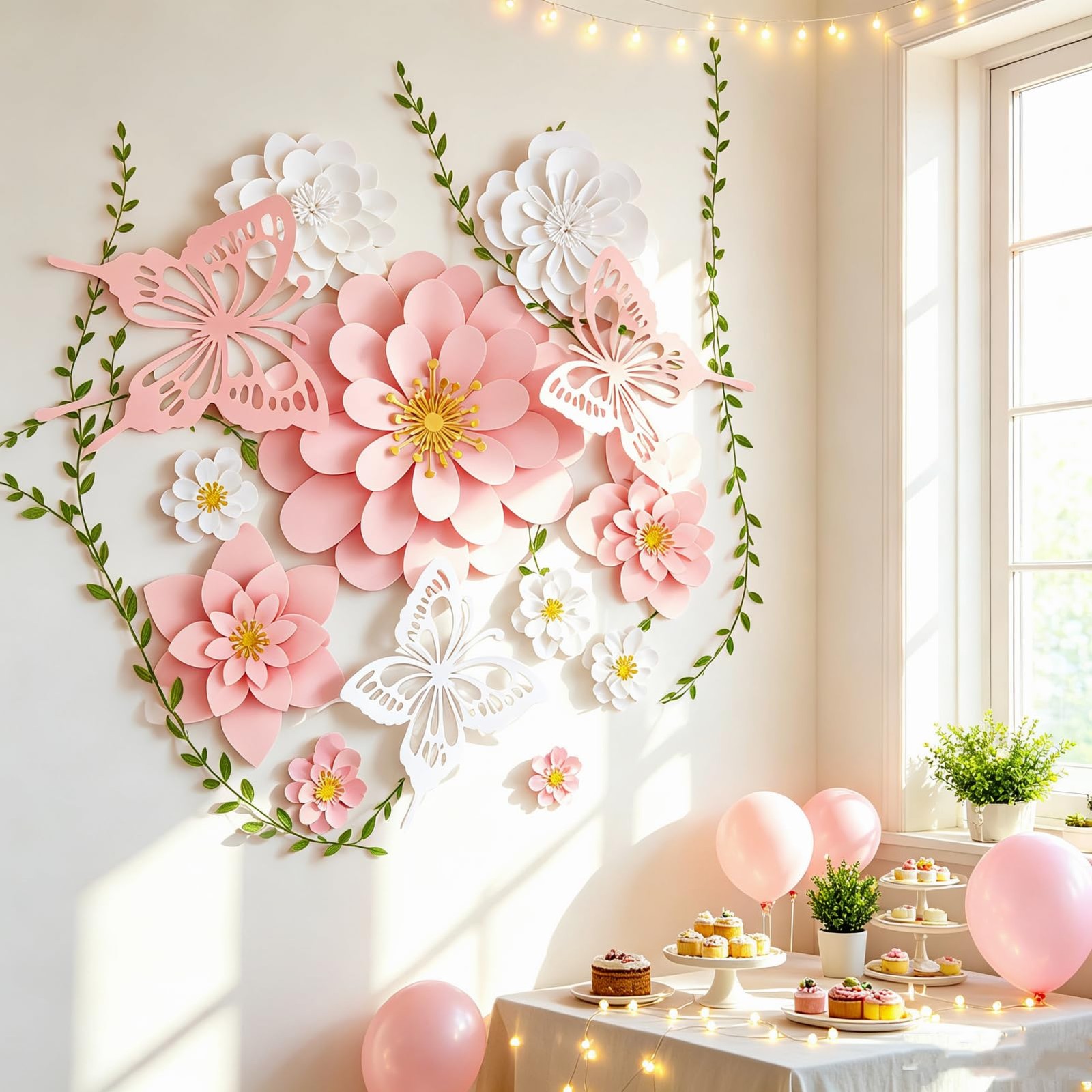 3D Paper Flowers Butterflies 9PC Pink White Garden Wall Decor Backdrop