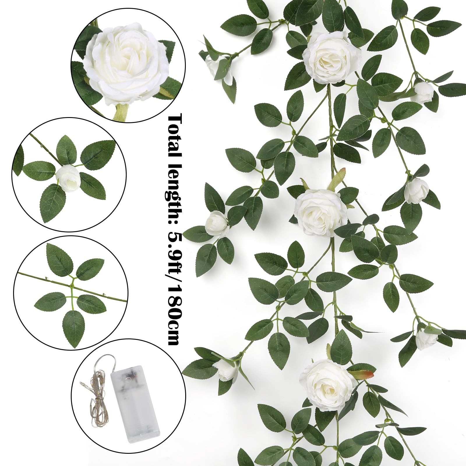 6FT White Rose Artificial Flower Garland with LED String Lights, Bendable Flo…