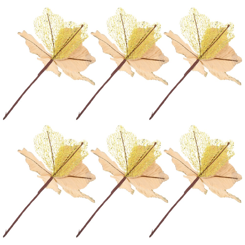 6 Pcs Artificial Flower Cuttings Christmas Glitter Leaf Stems Picks