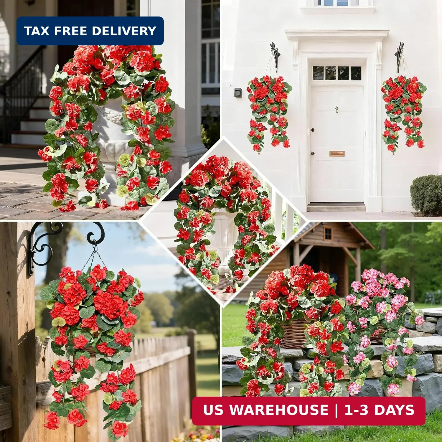 Artificial Fake Geraniums Flowers for Outdoors, 2Pcs UV Resistant Faux Hanging P