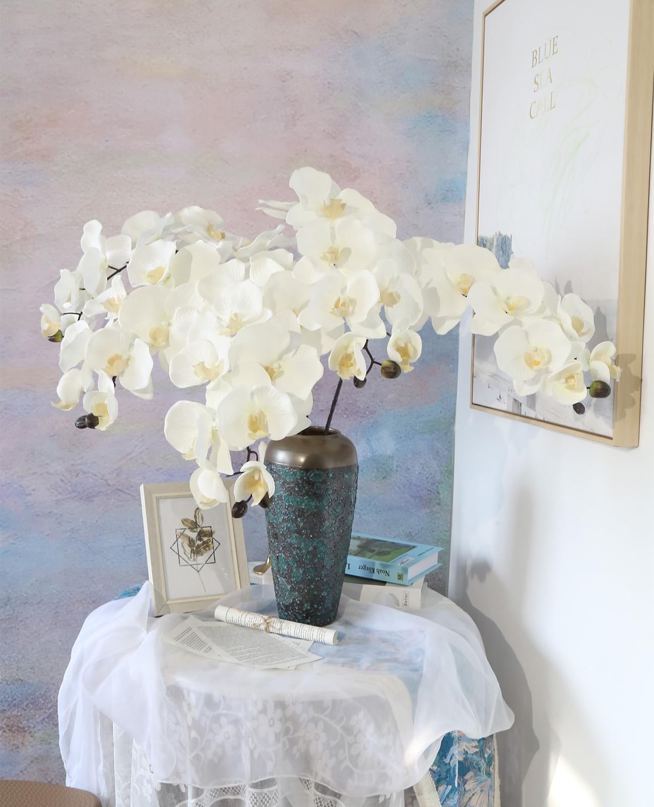 36” White Orchids Artificial Flowers 10 Large Blooms Faux Phalaenopsis Branc…