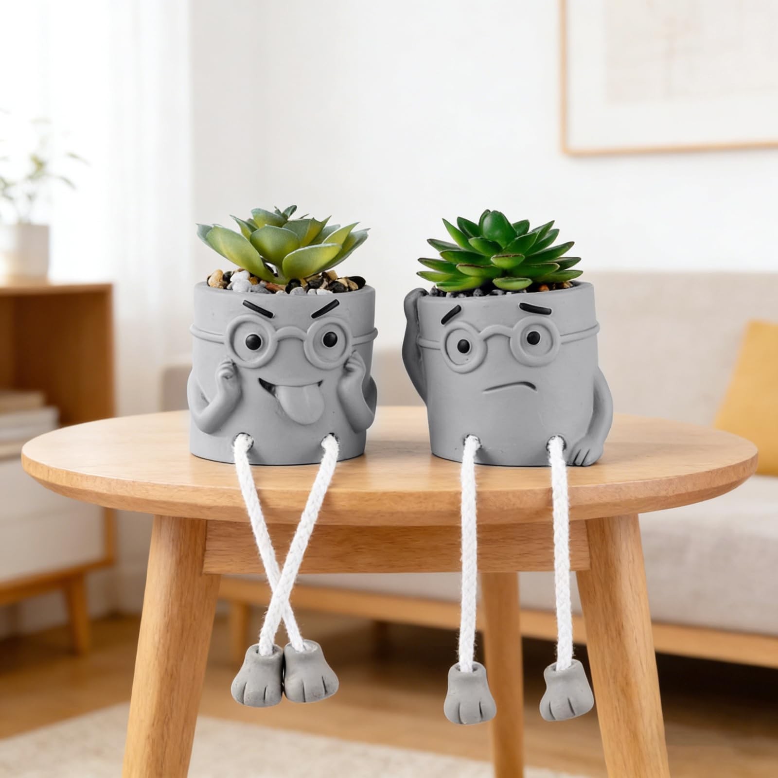 2 PCS Gray Cute Fake Succulent Plant Shelf Sitter Dangling Leg Desk Decor