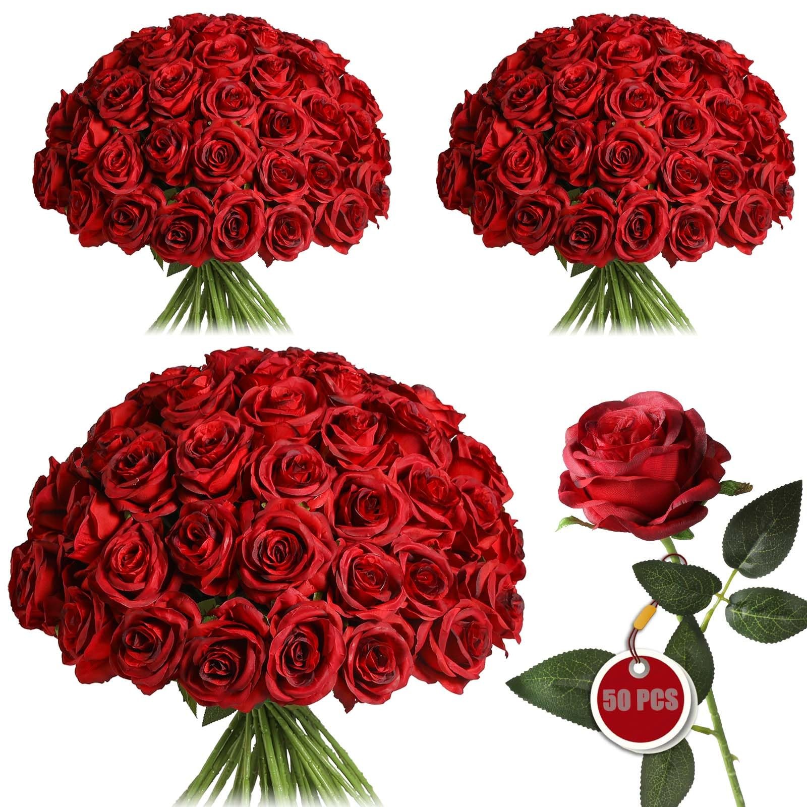 50PCS Artificial Silk Roses in Bulk & Bouquet Long Stem – Realistic Fake Rose…