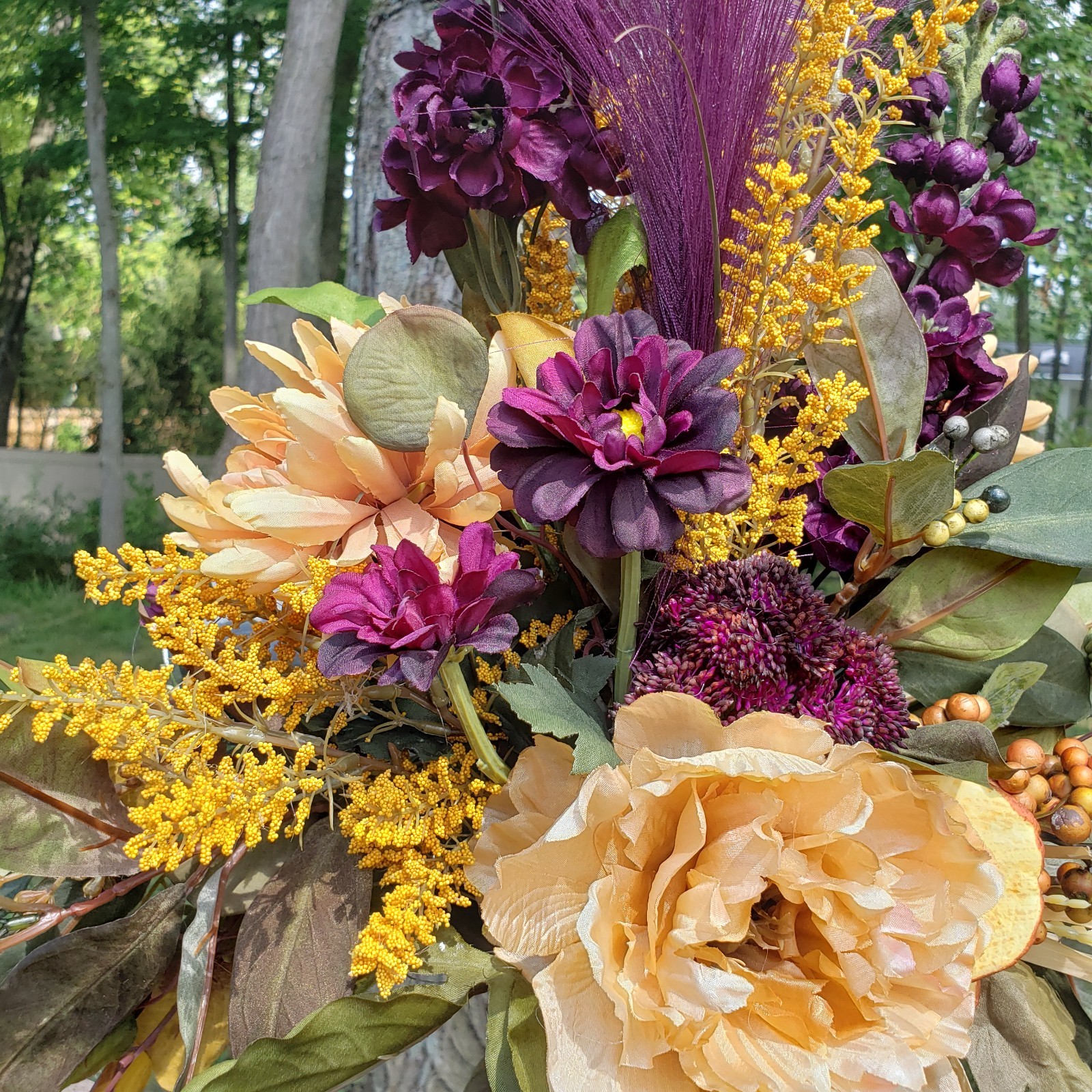 Set of 2 Large Fall Floral Arrangements, Blue Hydrangea Autumn Mantel Decor
