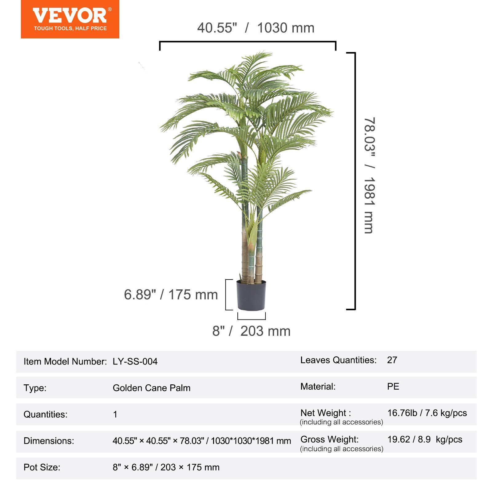Artificial Gold Cane Palm Tree 6.5 FT Tall Faux Plant PE Material&Anti-Tip Tilt