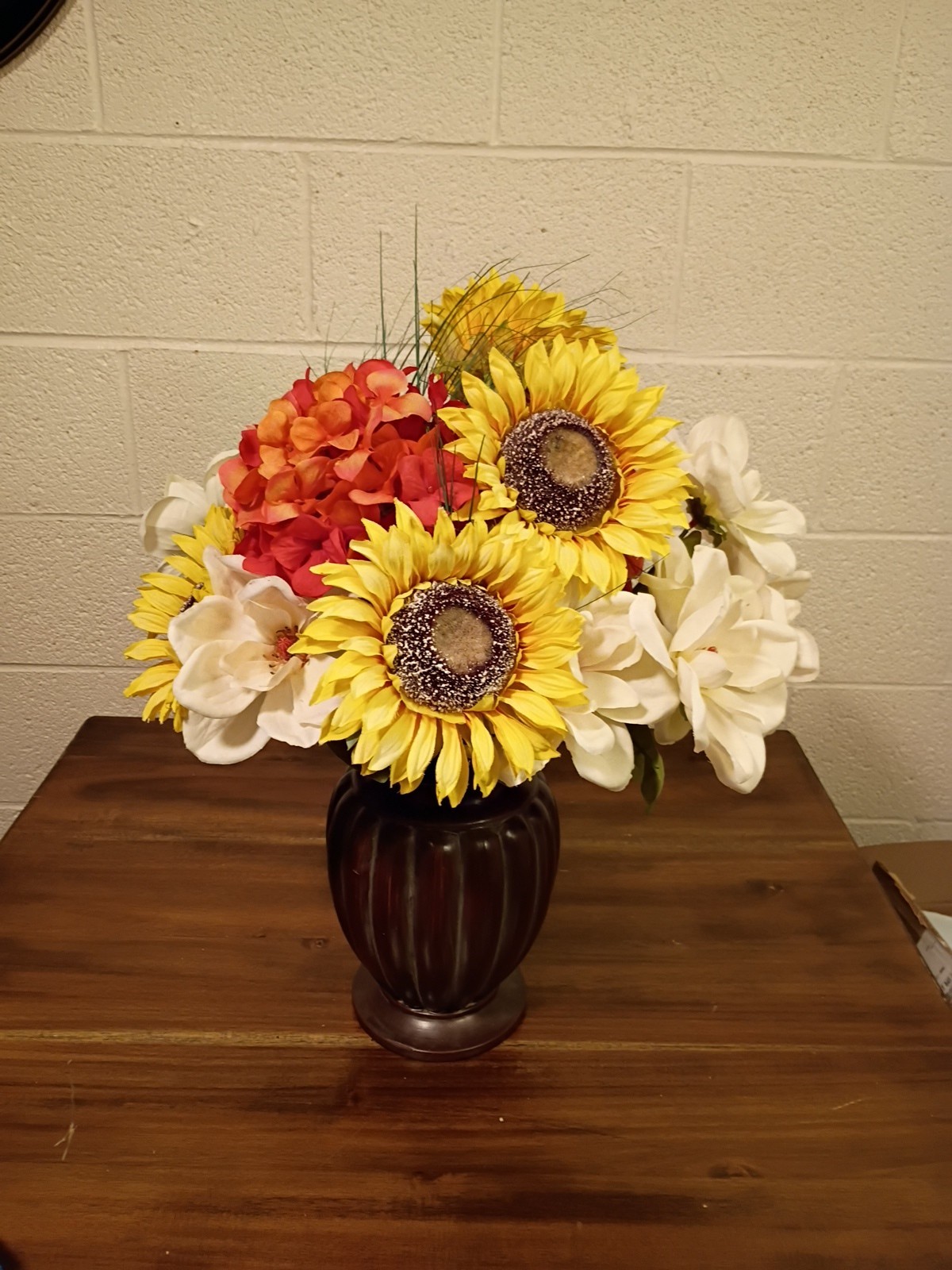 Bouquet of Large Silk Flowers In Bronze Vase