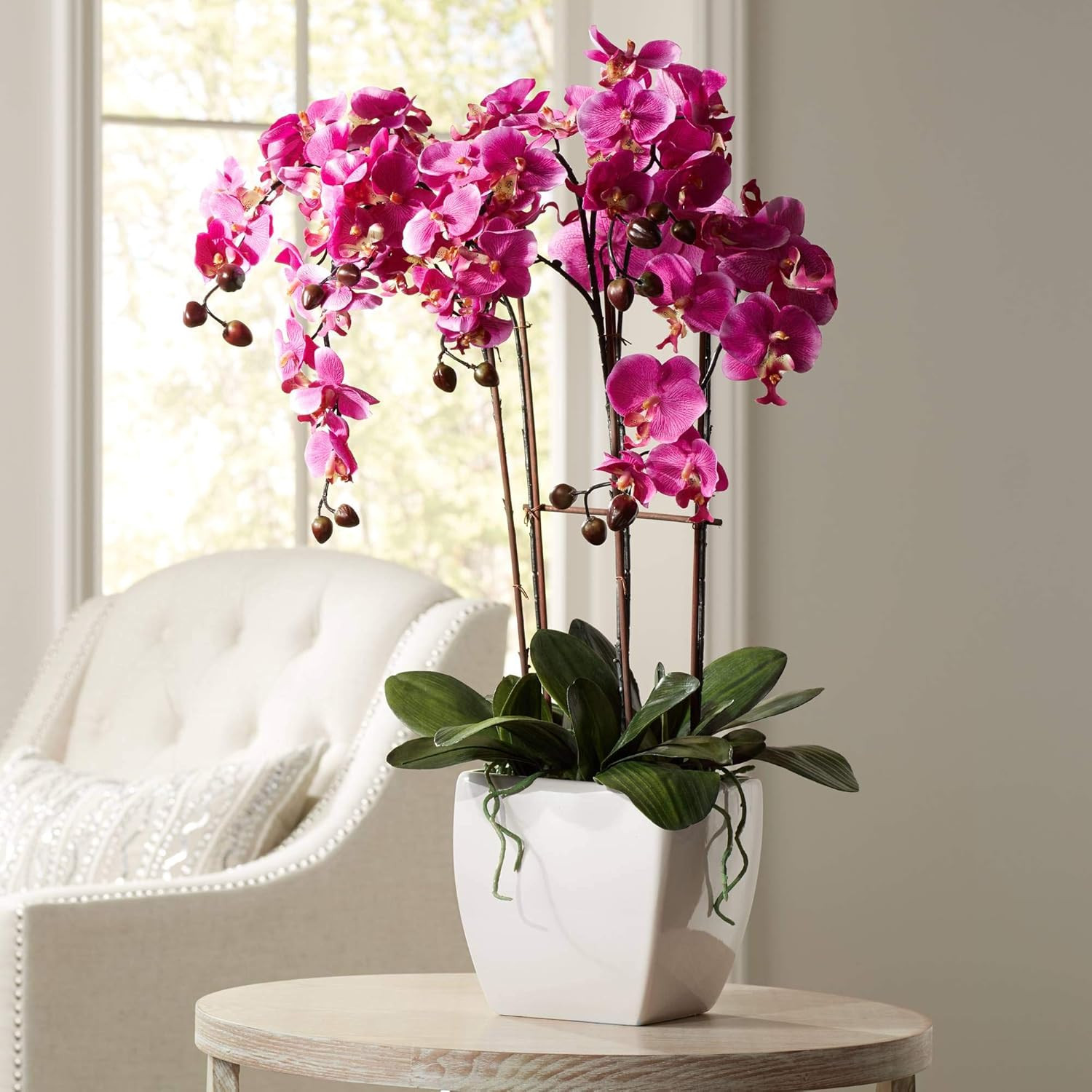 Realistic Purple Orchid Faux Flowers in White Pot for Home Decor 29″ High