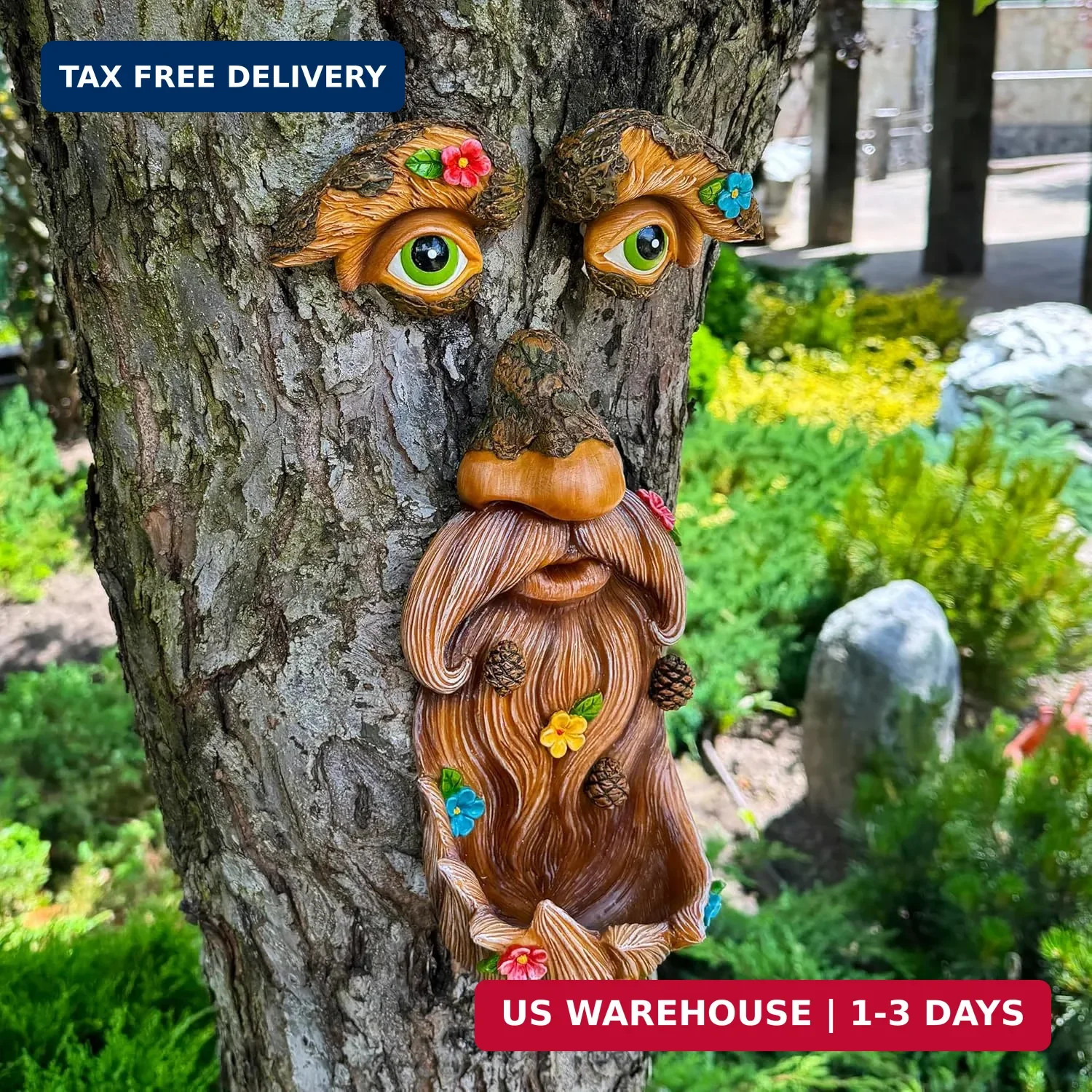Tree Face Decor with Flowers Outdoor Old Man Face Garden Hugger Yard Statue