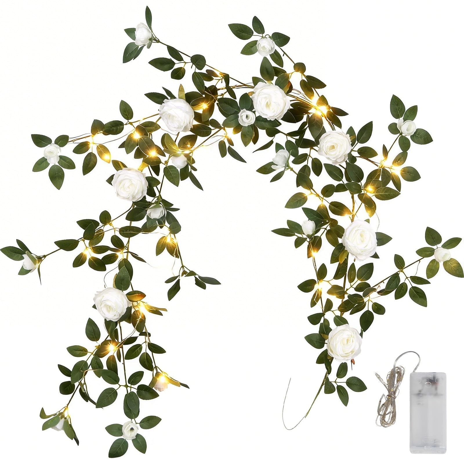 6FT White Rose Artificial Flower Garland with LED String Lights, Bendable Flo…