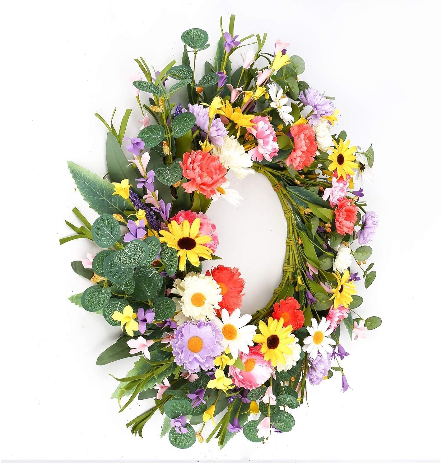 Artificial Spring Wreath 20” Purple Yellow White & Pink Flower Wreaths Summer