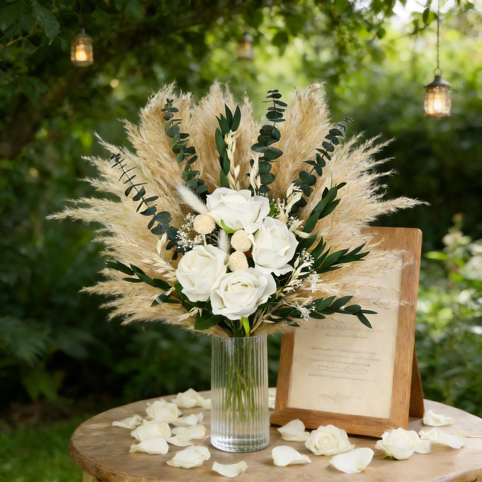 Begie Pampass Grass with Fake Roses Fluffy Dried Flowers with Eucalyptus Stem…