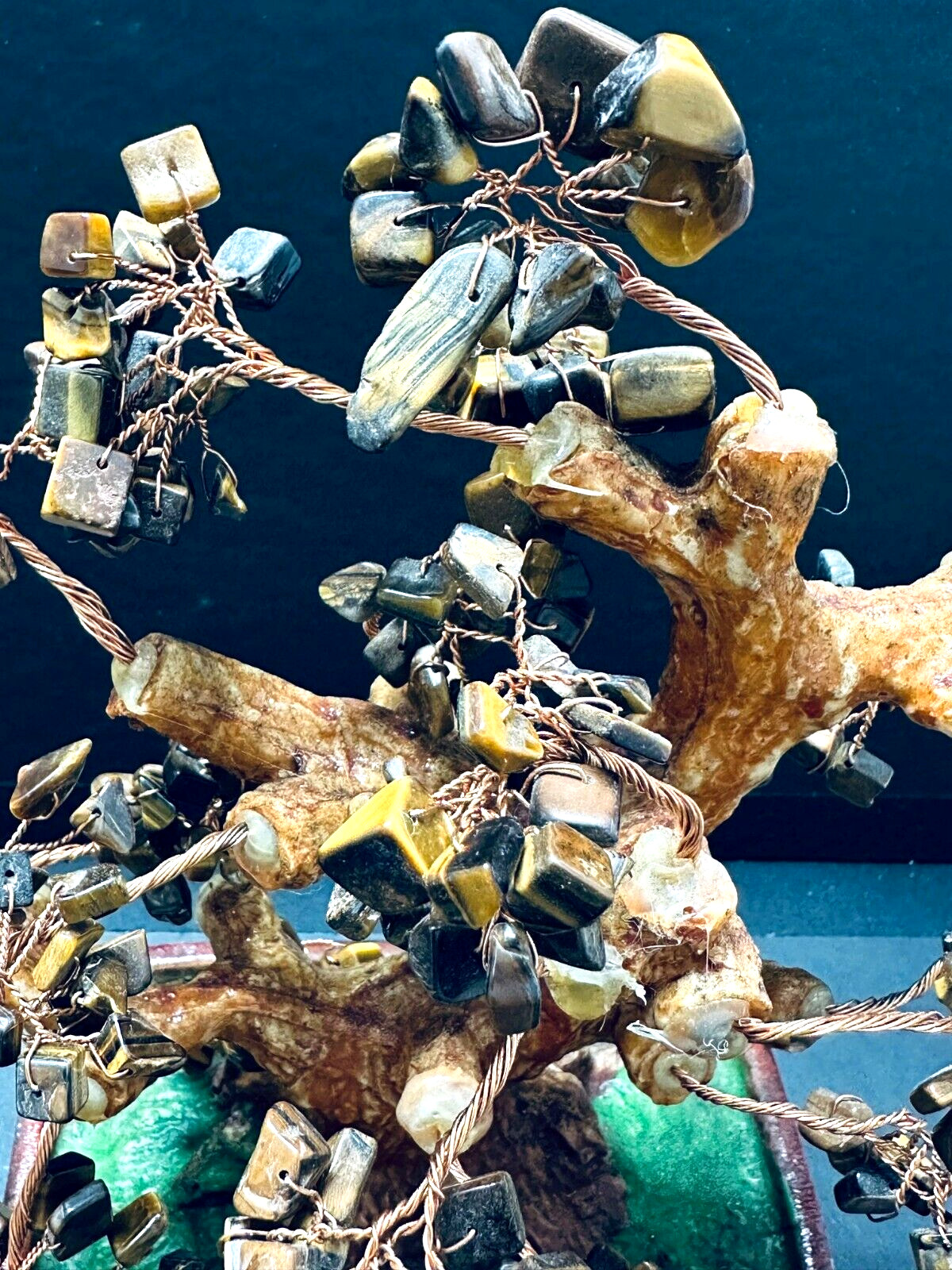 💕Vintage Twisted Copper Wire Bonsai Tyger Eyes Gemstone Tree Ceramic Pot 10″