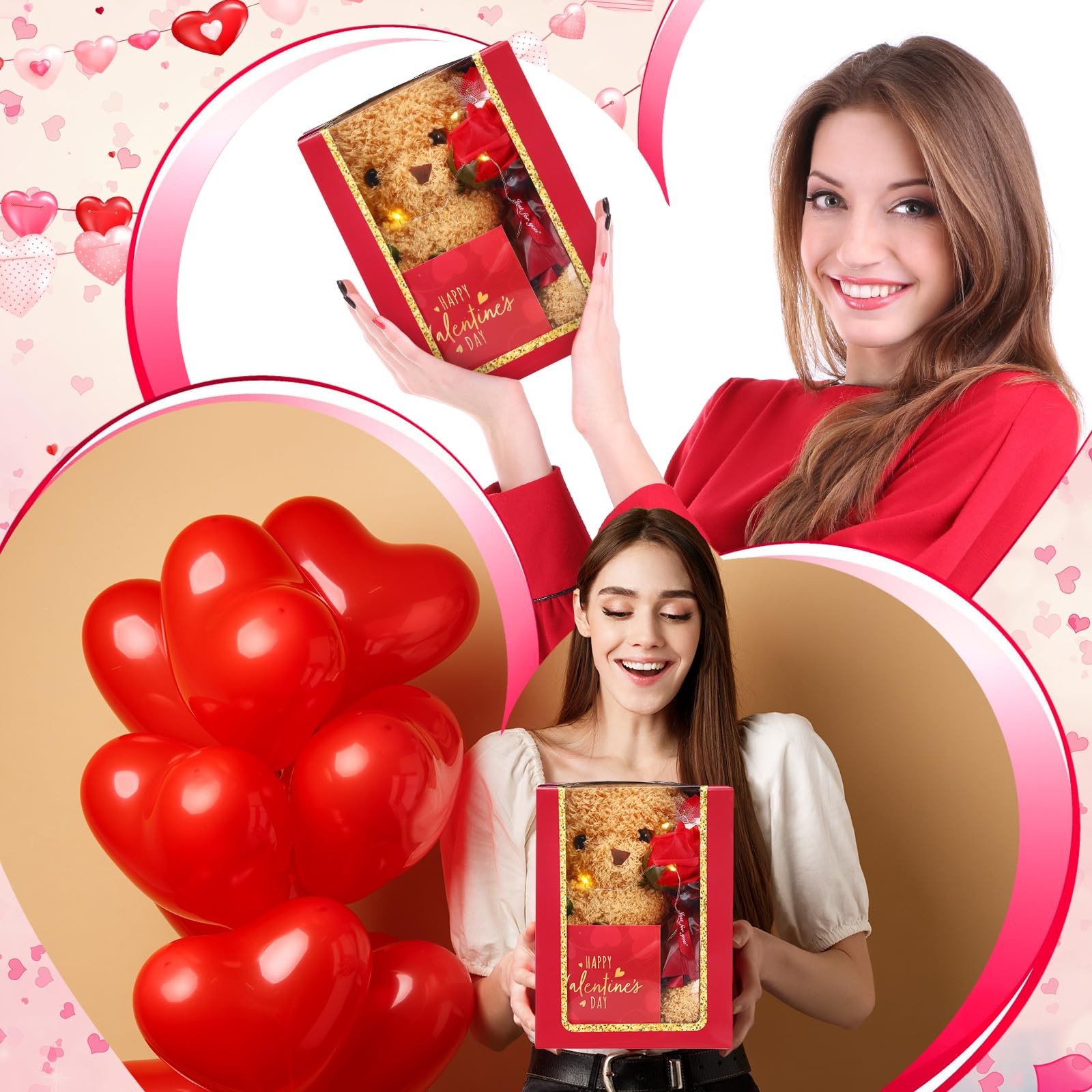 Valentine’s Day Gift Set Plush Stuffed Animal Bear with Rose Card and Box Red