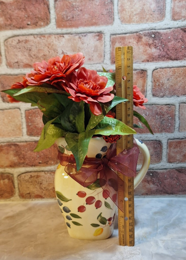 Floral Arrangement Centerpiece with Red Zinnia Faux Flowers in a Grape Vine Vase