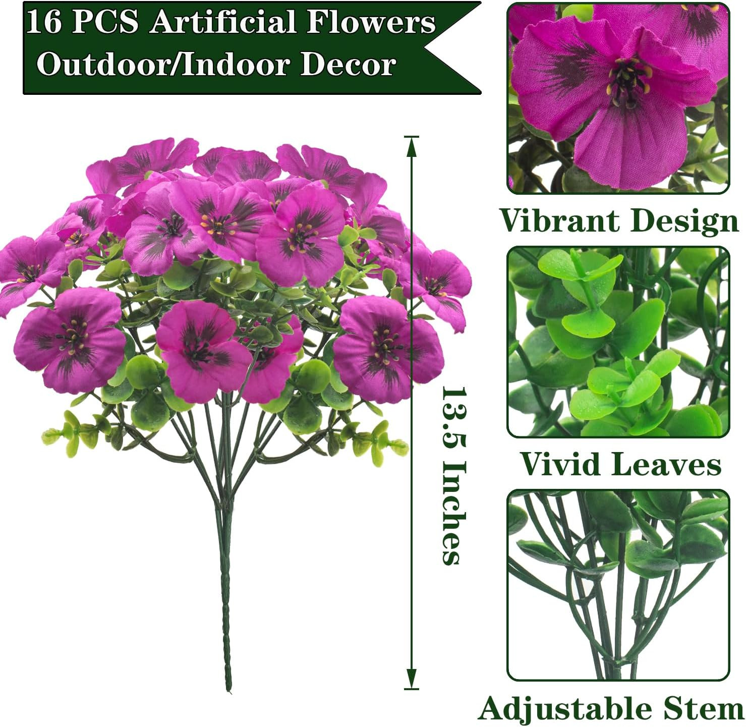 16 Bundles Artificial Pansy Flowers for Outdoors Fake Silk Flowers UV Resistant
