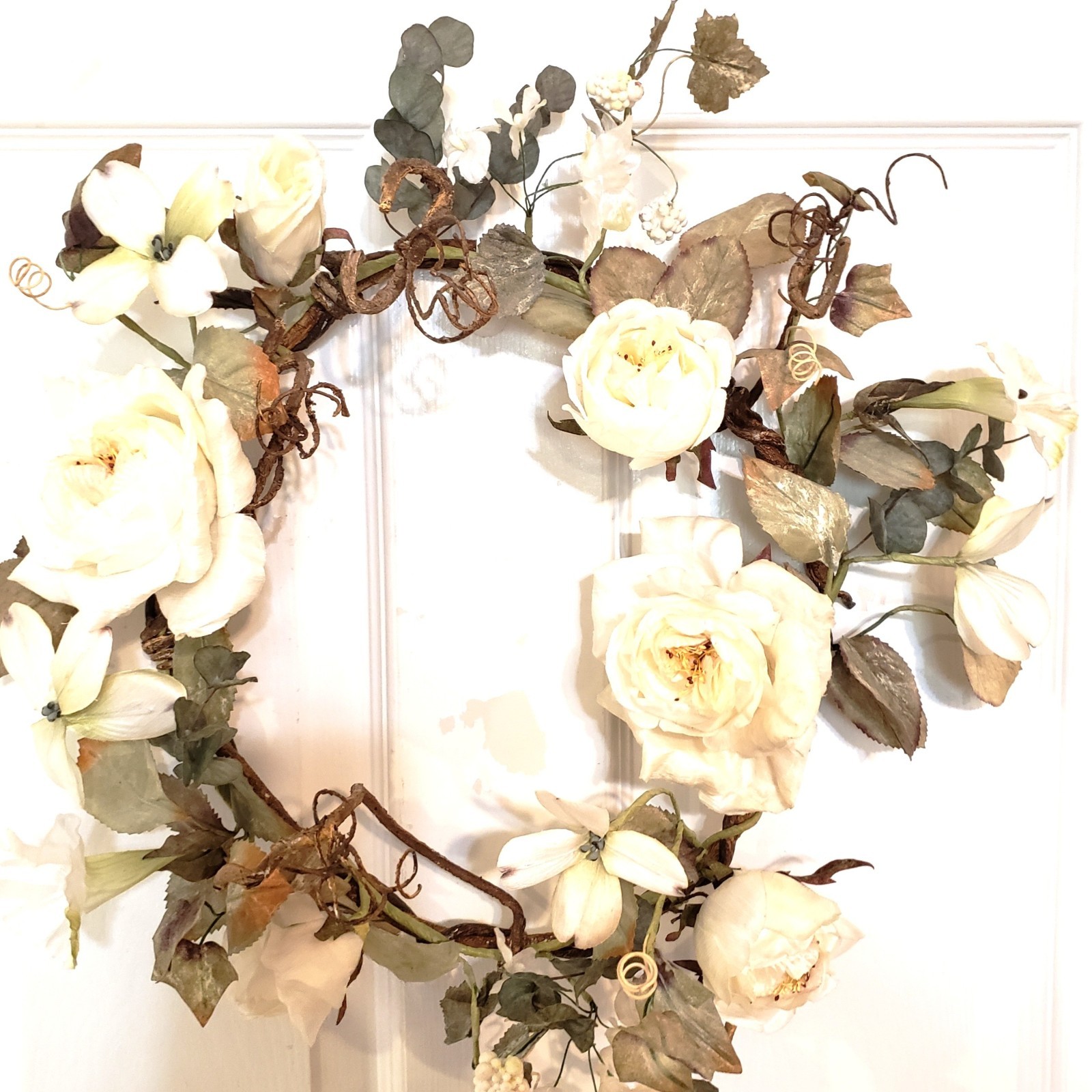 Vintage White Rose and Dogwood Wreath, Wedding Wall Hanging
