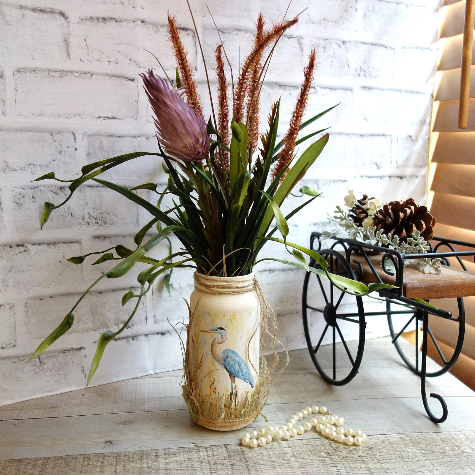Blue Heron Vase & Floral Arrangement Blue Heron Art Crane Decor Wading Birds