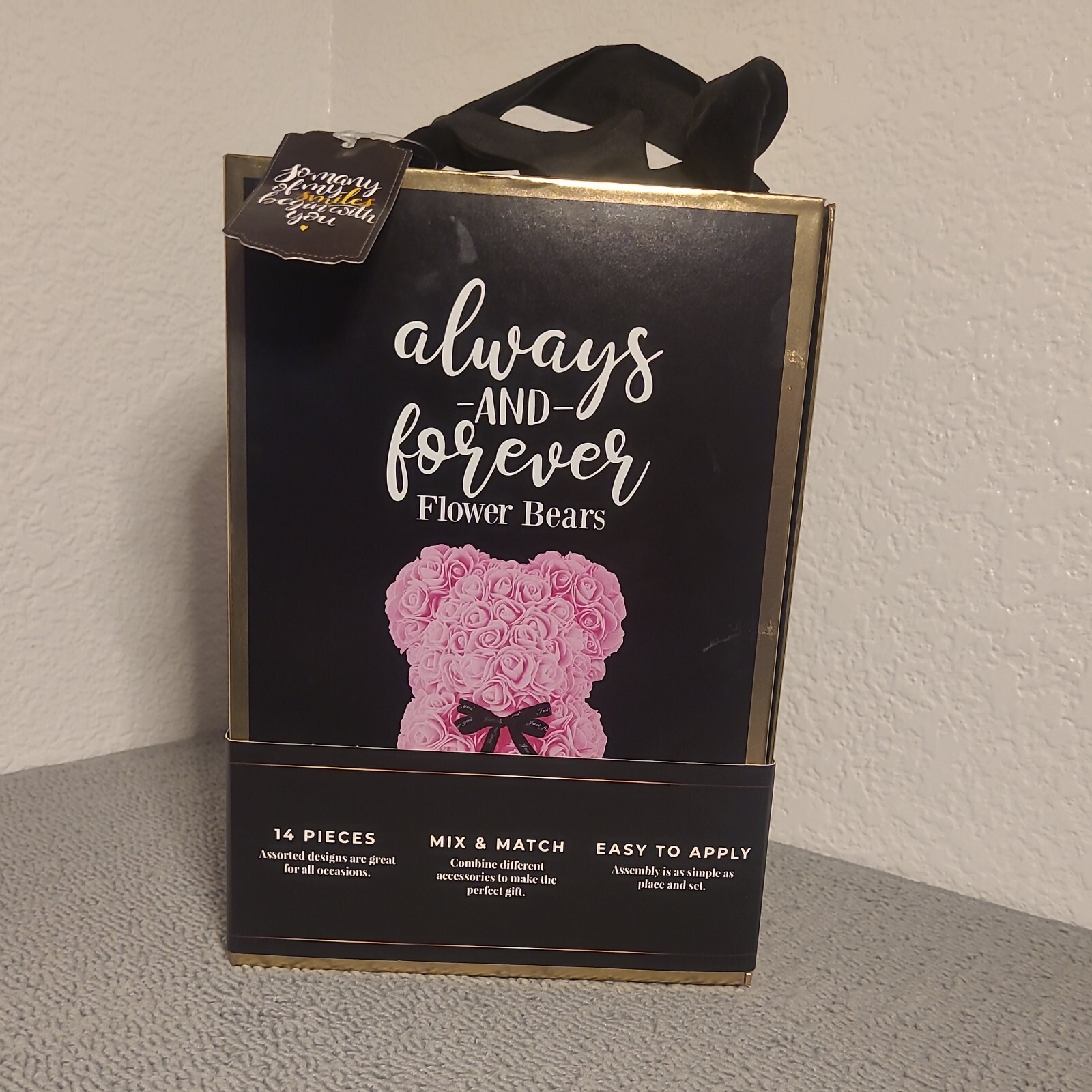 Always and Forever Flower Bear Pink Roses in Black Gift Box
