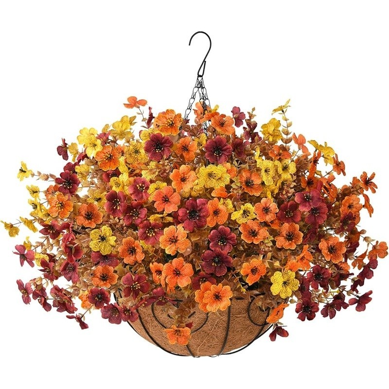 Artificial Hanging Flowers Basket Faux Silk Mums Eucalyptus Fall Decor New