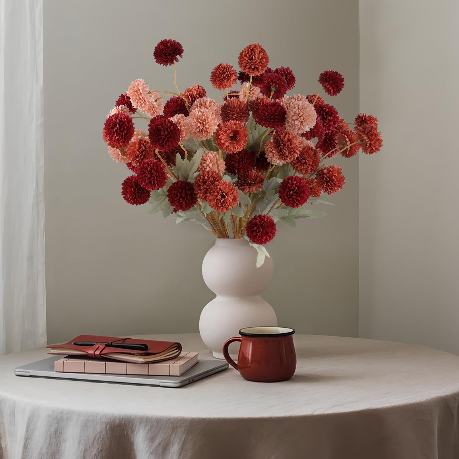 12 Pcs Artificial Chrysanthemum Flowers, Orange Kiku Pom Pom Mums Flower Faux…