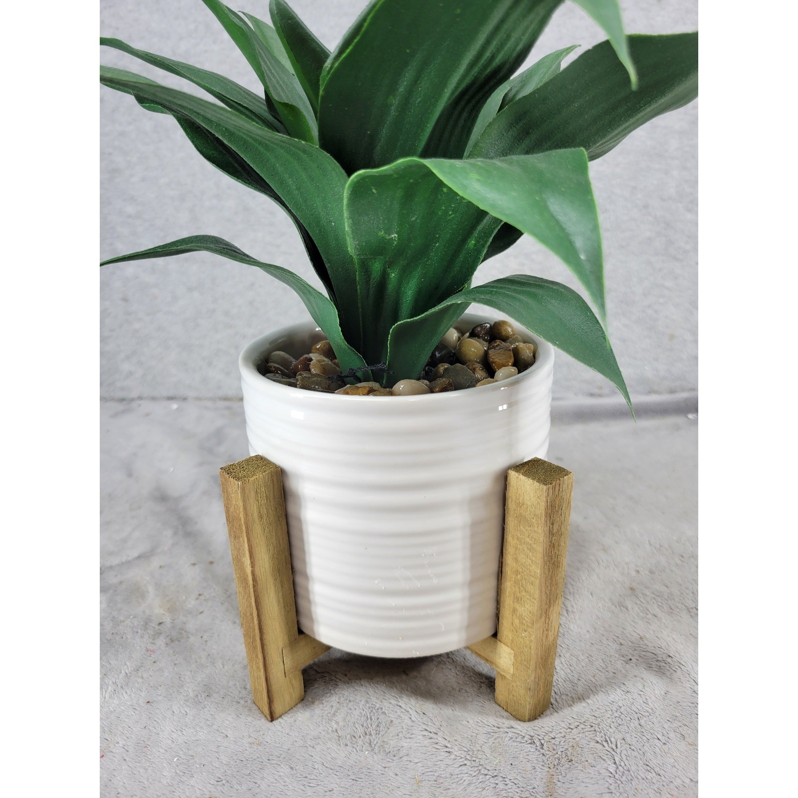 Artificial Snake Plant in White Ceramic Pot with Wood Stand Faux Green Leaves