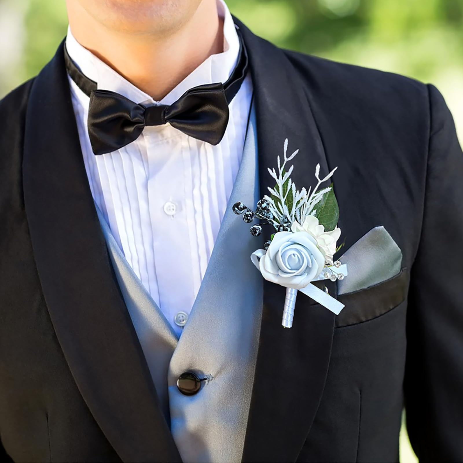 2 PCS Dusty Blue Wedding Boutonniere For Men Groom Groomsmen Rose Flowers
