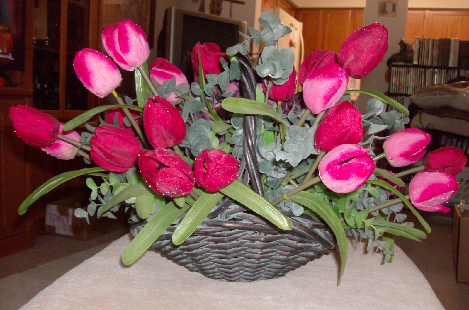 RED ARTIFICIAL TULIPS In Brown Wicker Basket 20″ X 16″ X 12″ High
