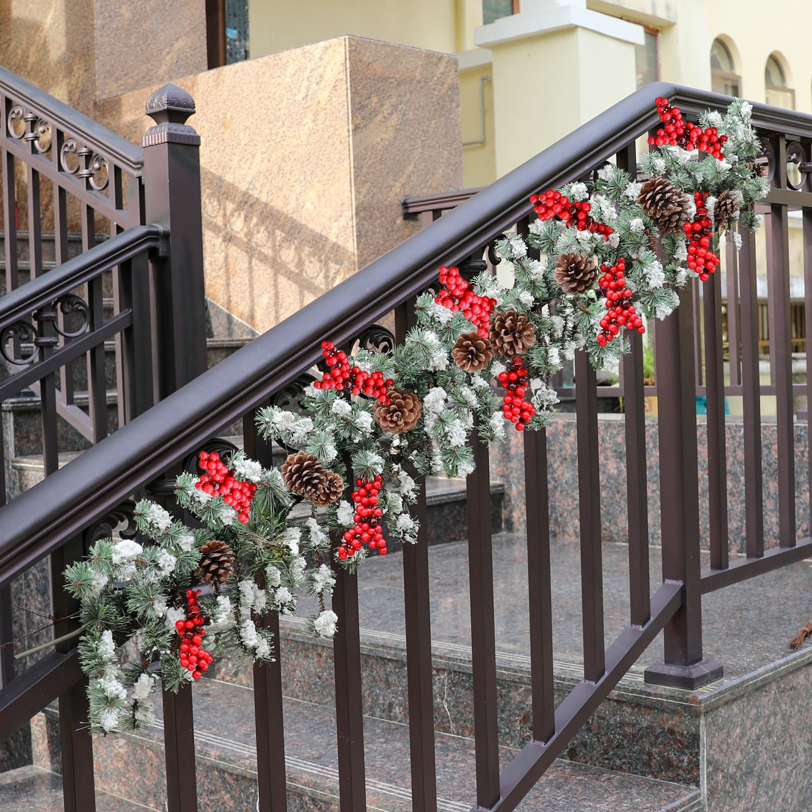 6ft Frosted Evergreen Christmas Snowed Pine Garland – Red Berries and Pinecon…