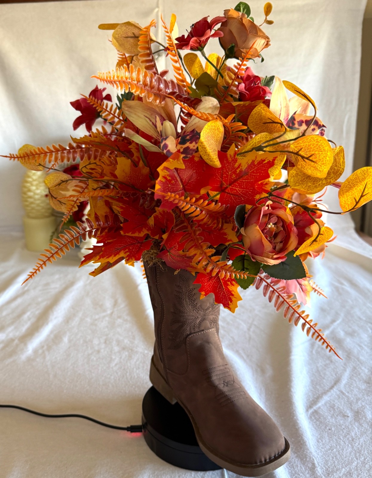 Fall colors Arrangement in a Cowboy Boot! Use all year!