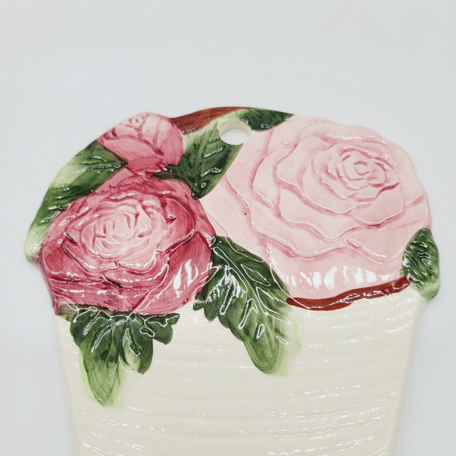 7.5″ X 6.5″ Ceramic Wall Hanging Rose Bucket Pink Maroon
