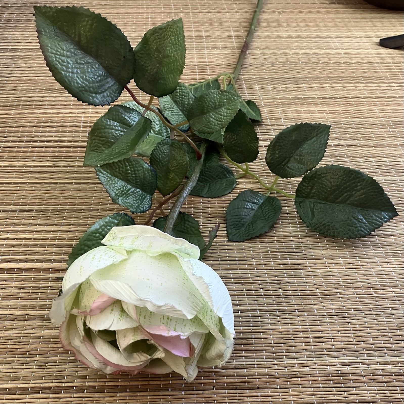 Vintage French 90’s Artificial Pale Green & Pink ROSE Flower w/ Leaves Long Stem