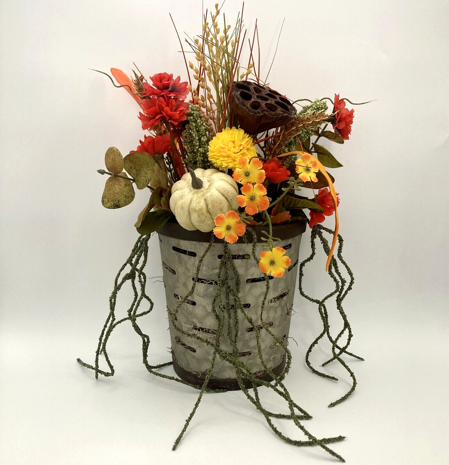 Artificial Flower Arrangement In Metal Wall Pocket Lotus Pod White Pumpkin