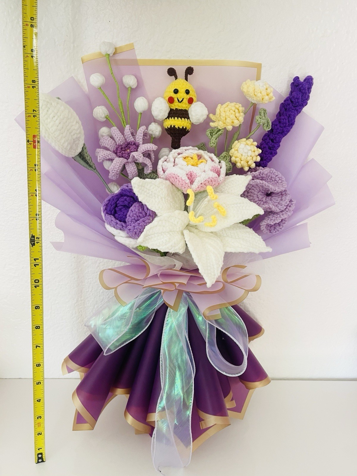Artificial Crochet Flower Bouquet Wall Decor w/ Bee, Purple Wrap & Ribbon, 20″