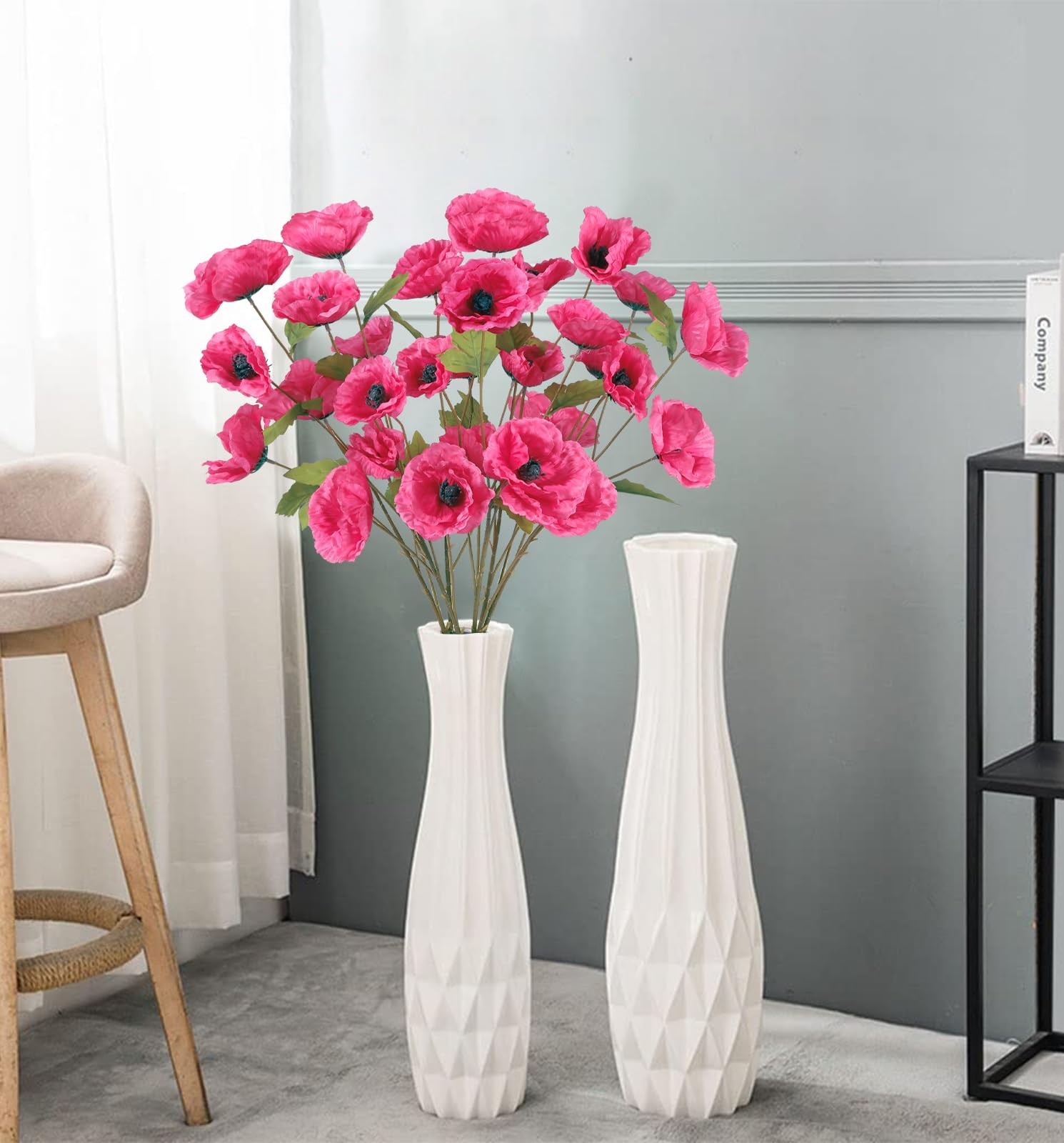 6 PCS Hot Pink Artificial Poppies Silk Flowers 32 Inch Wedding Party Decor