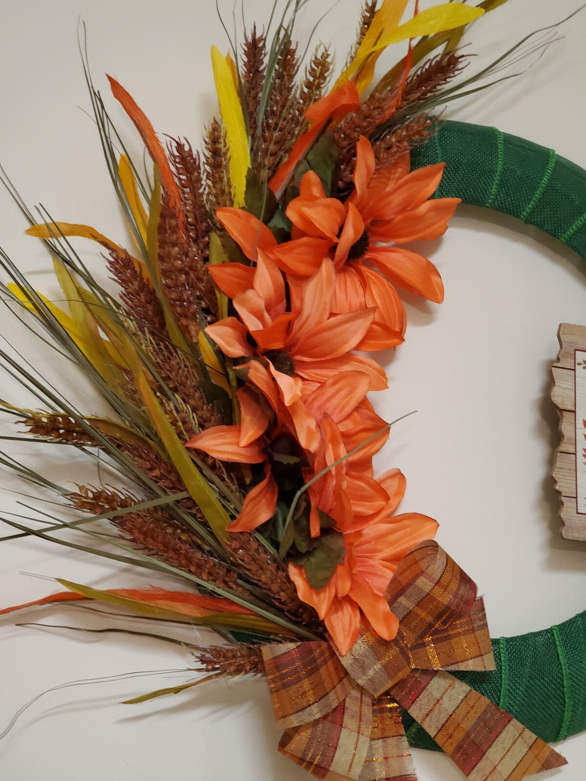 BLESSED wreath Asters Wheat orange Green burlap mesh FALL AUTUMN Decor Door 15″