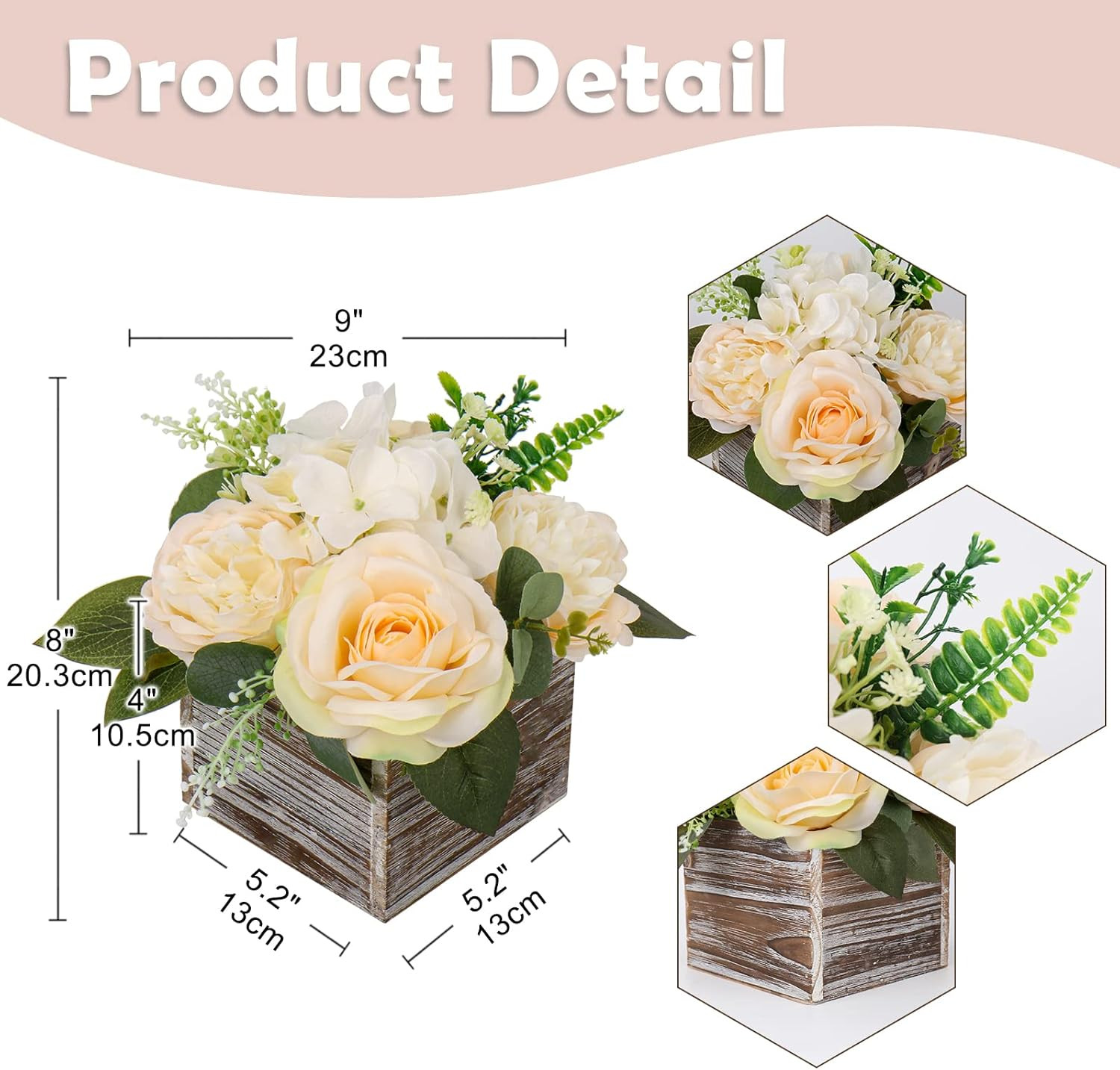 Flower Arrangement with Wooden Vase 8″ Artificial Flowers in Pot – Fake Flowers