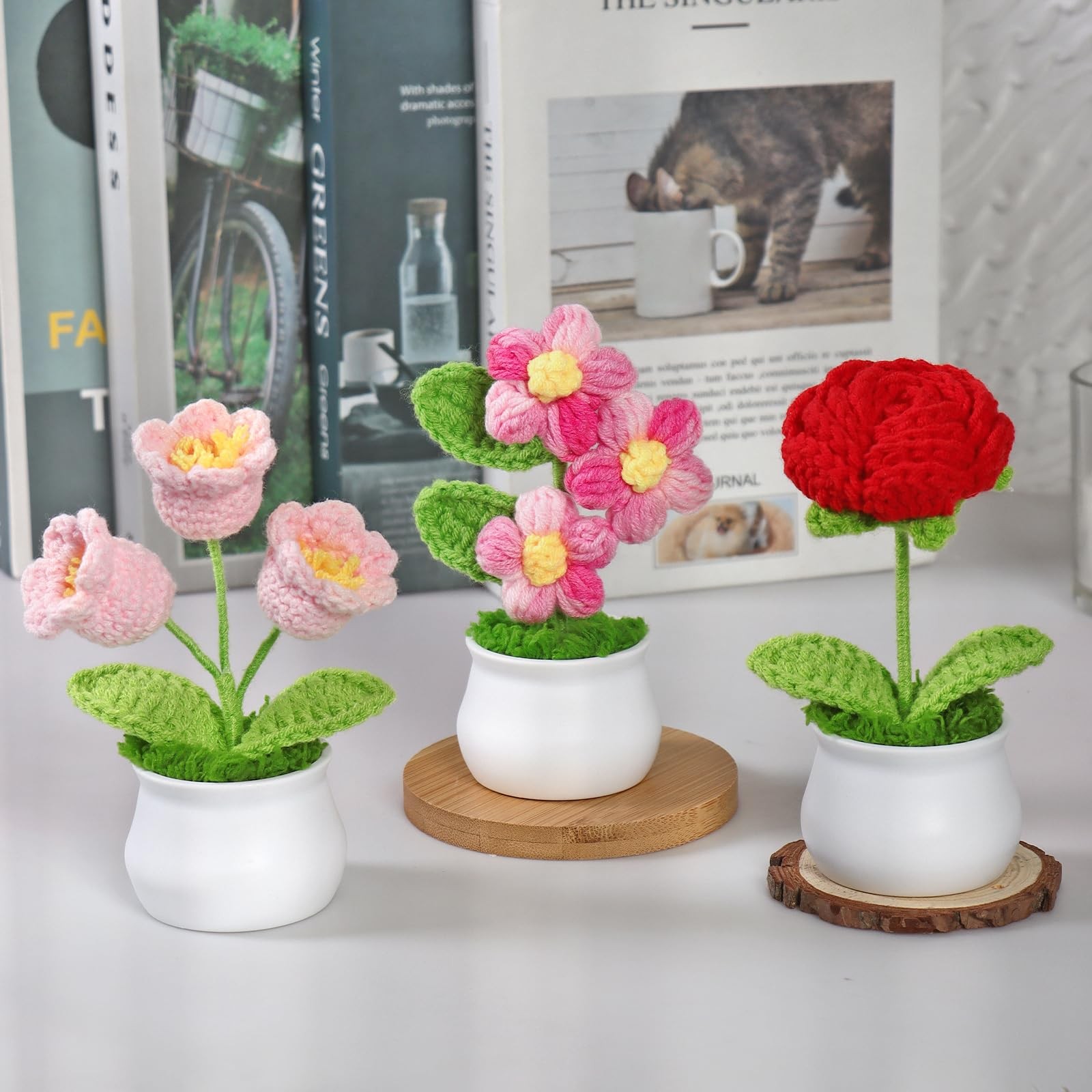 Crochet Flowers Cute Potted Plants Fake Knitted Mini Desk Office Car Decor