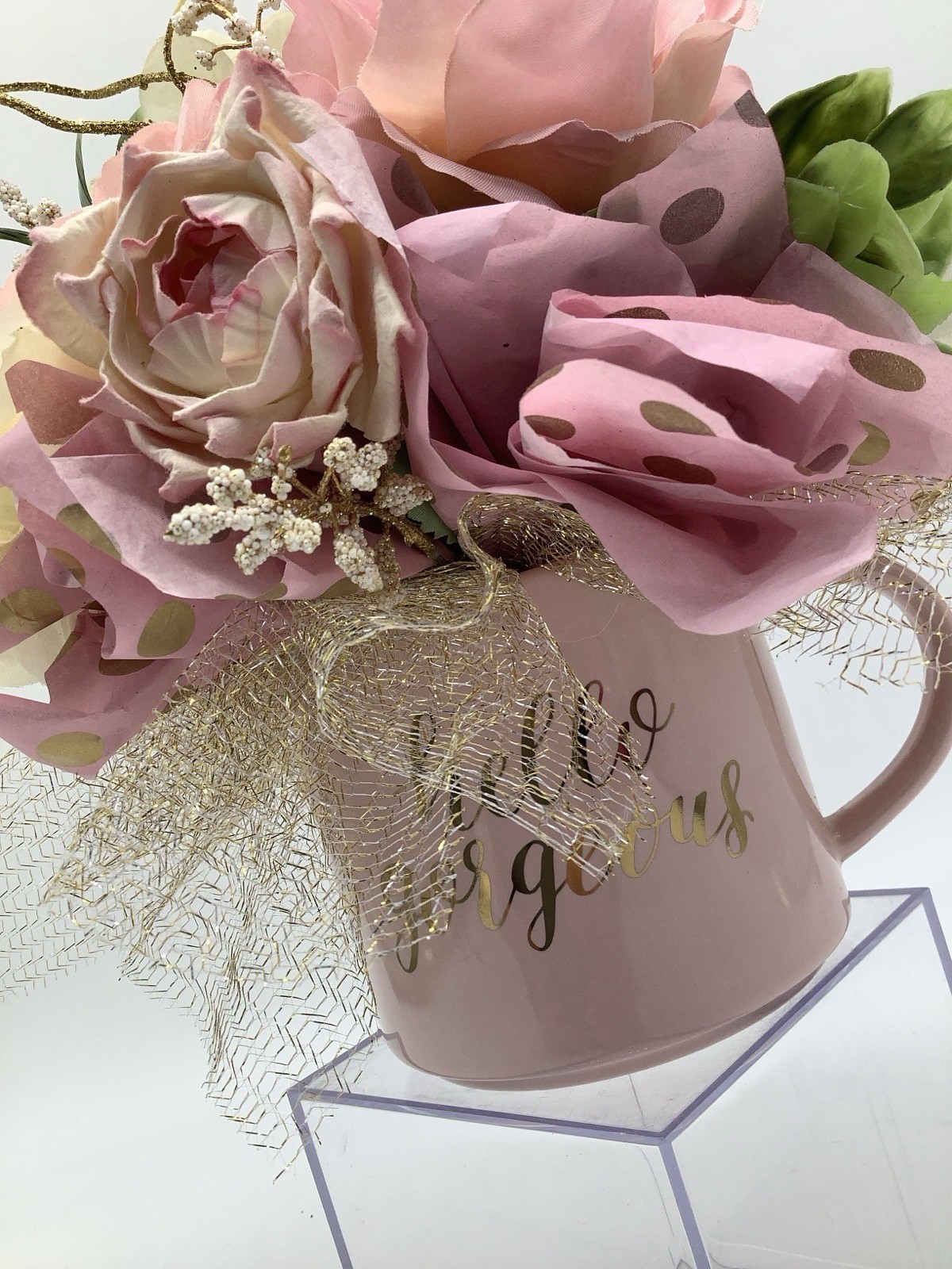Handmade Valentines Day “Hello Gorgeous” Coffee Mug Pink Gold Floral Arrangement