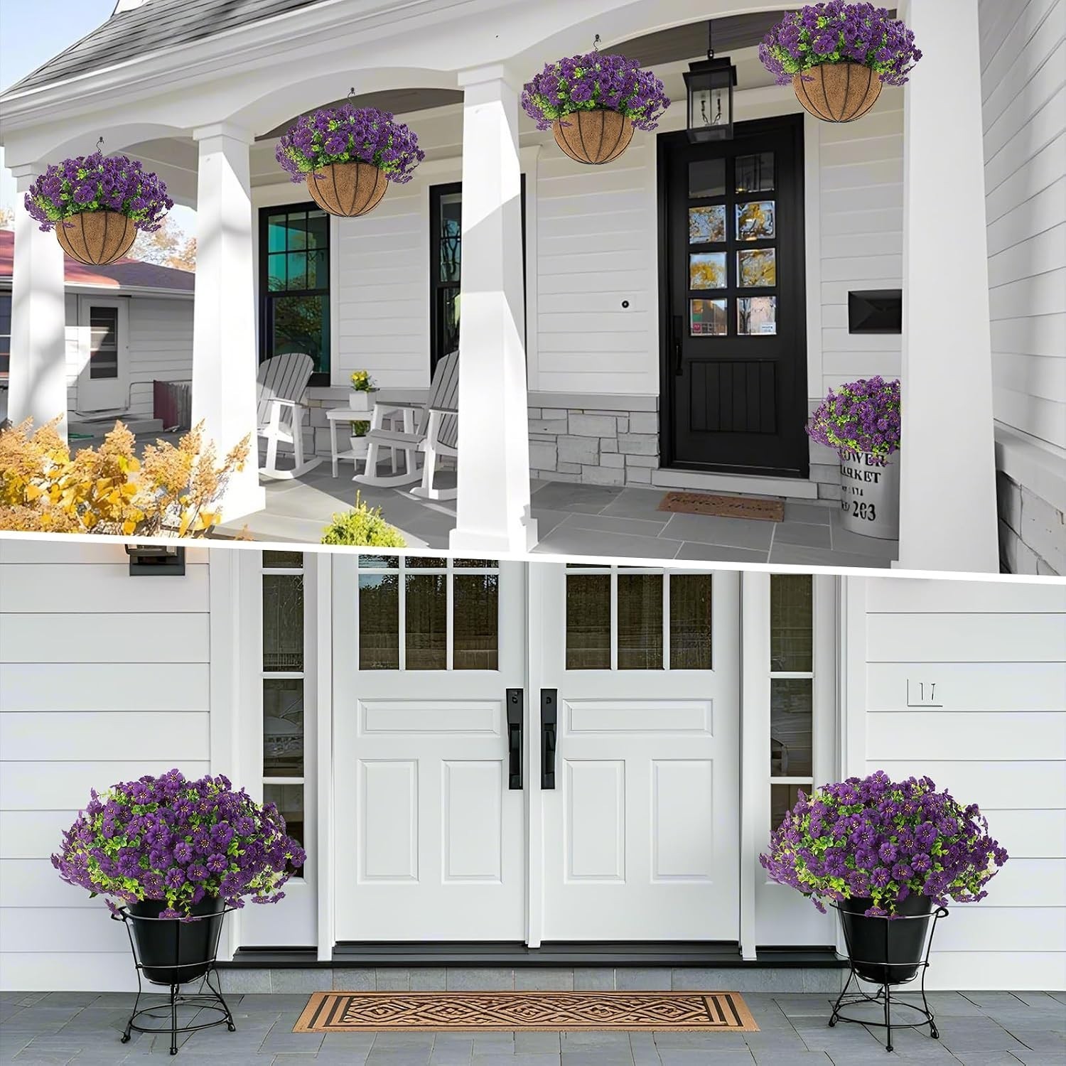 Vibrant Purple Artificial Outdoor Flower Baskets – Low Maintenance -Round Decor
