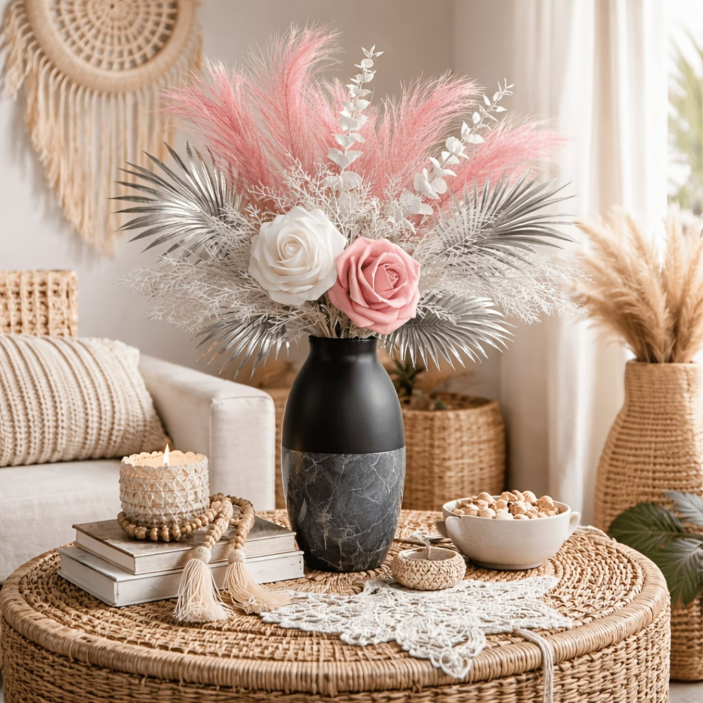 Pink and White Rose Artificial Flower Bouquet with Silvery Feather Decorations.