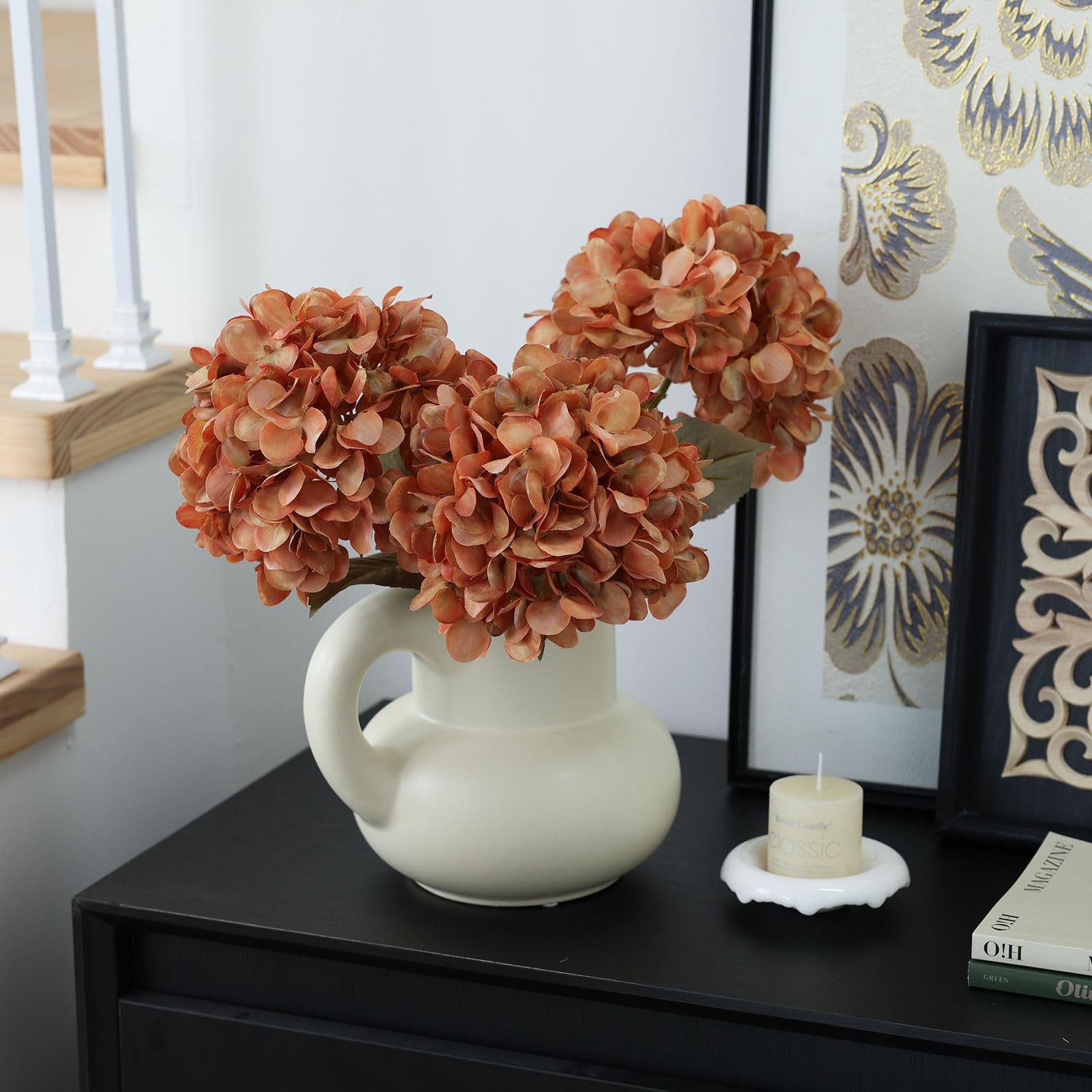 4Pcs Burnt Orange Artificial Hydrangeas Flowers Large Fake Silk Hydrangea Flo…