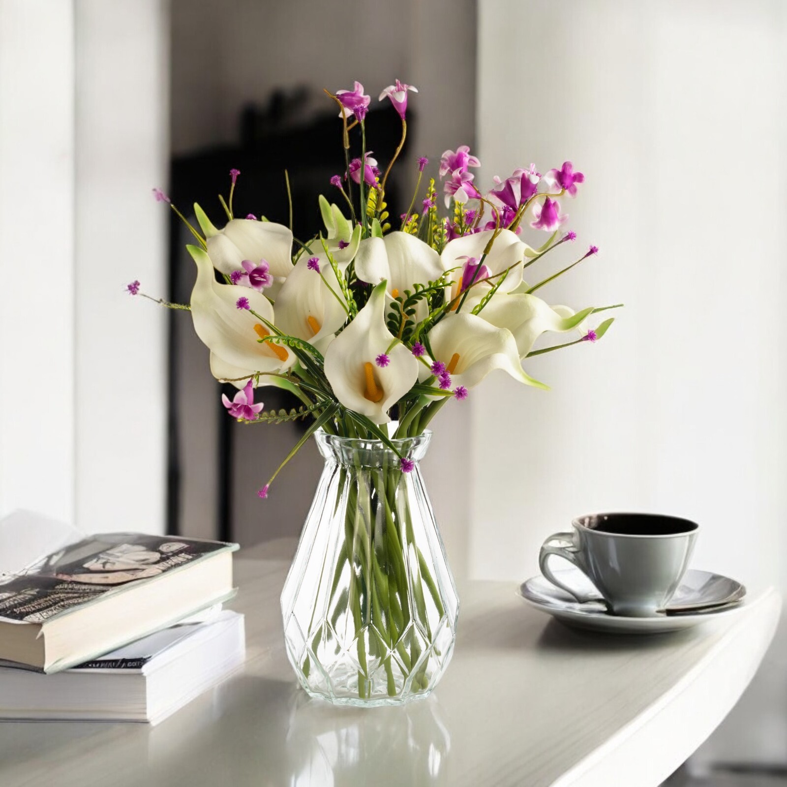 13″ Mixed Real Touch Calla Lily Flower with Filler in Glass Vase for Home Decor
