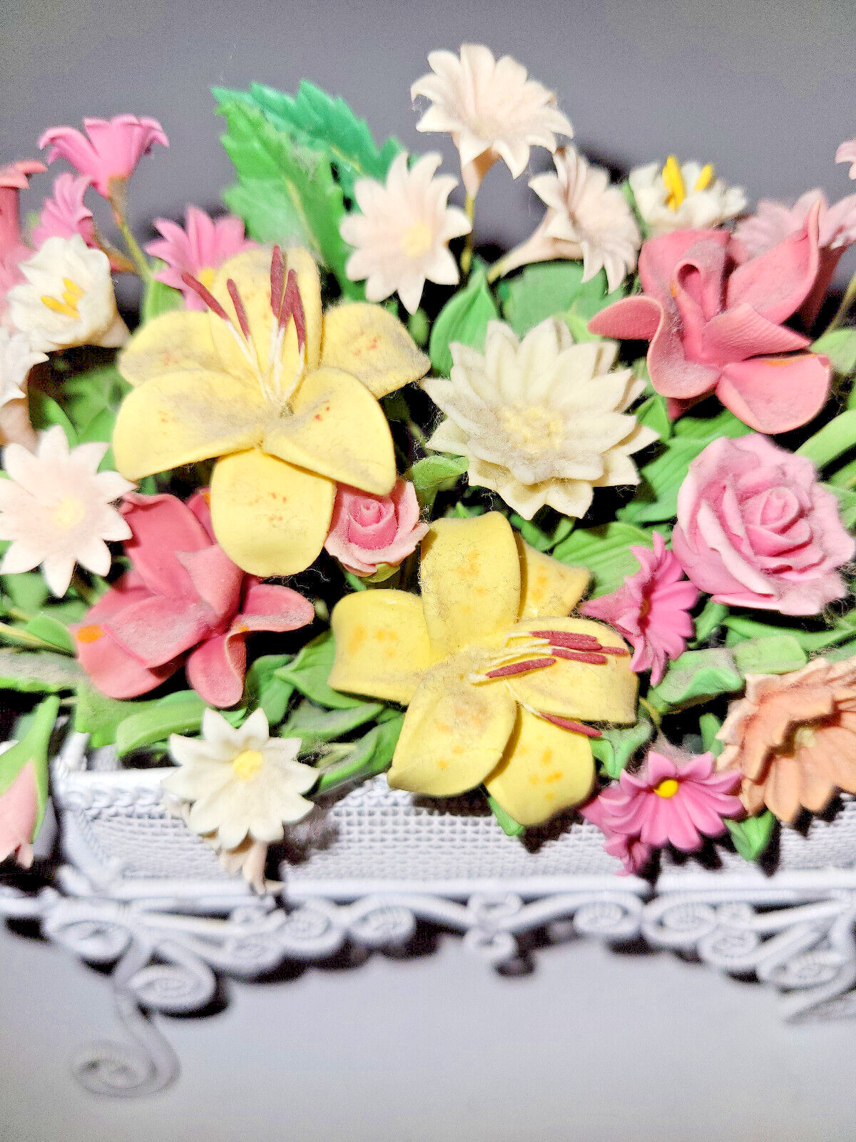 Spring Floral Artifical Arrangement in a Ornate White Metal Stand Small 5x5x1.75