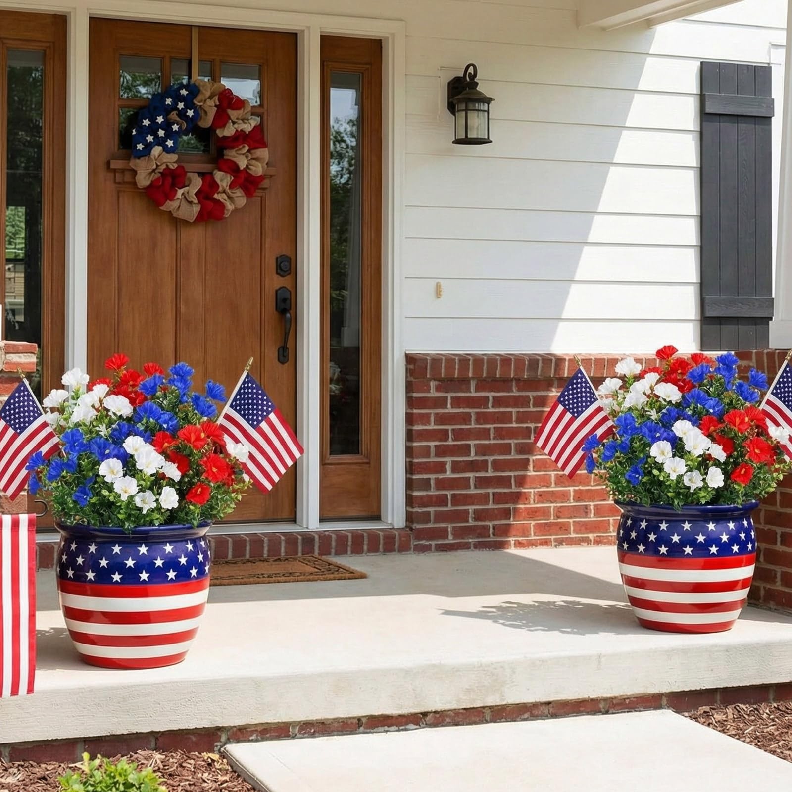 12 Pcs Red White Blue Artificial Flower Outdoor UV Resistant Petunias Patriot…