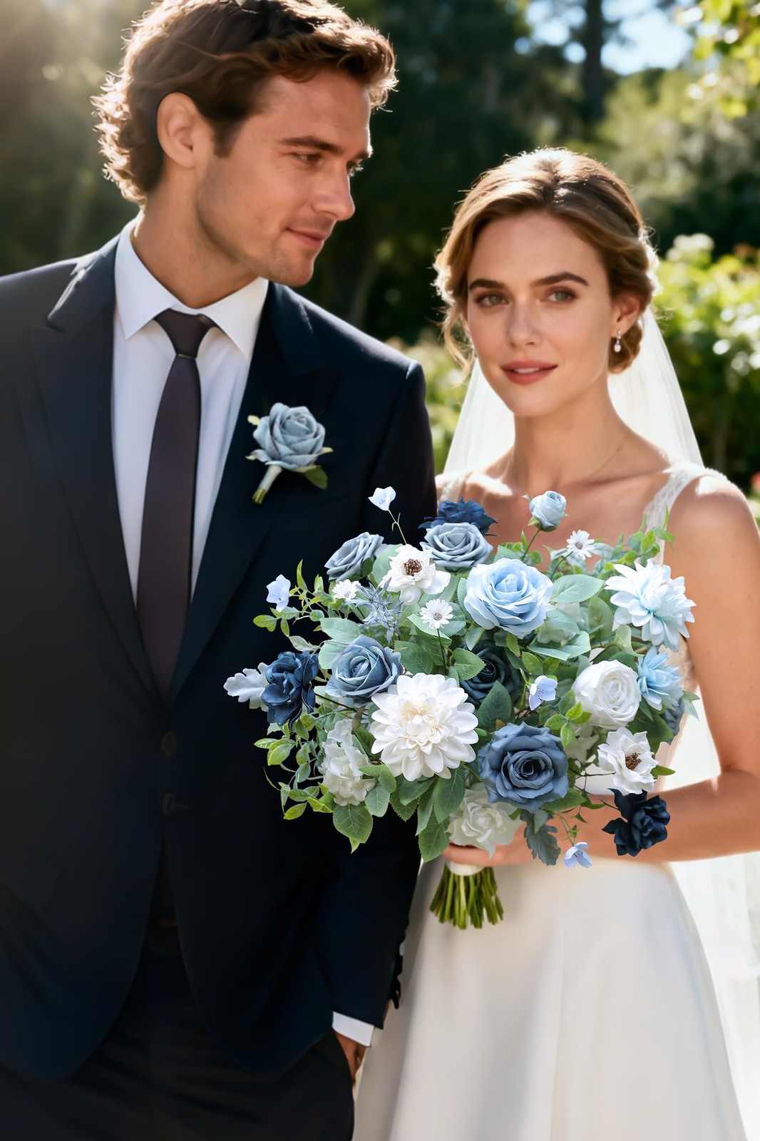 Blue Artificial Flower Combo Box Set Silk Fake Rose For DIY Wedding Bouquet