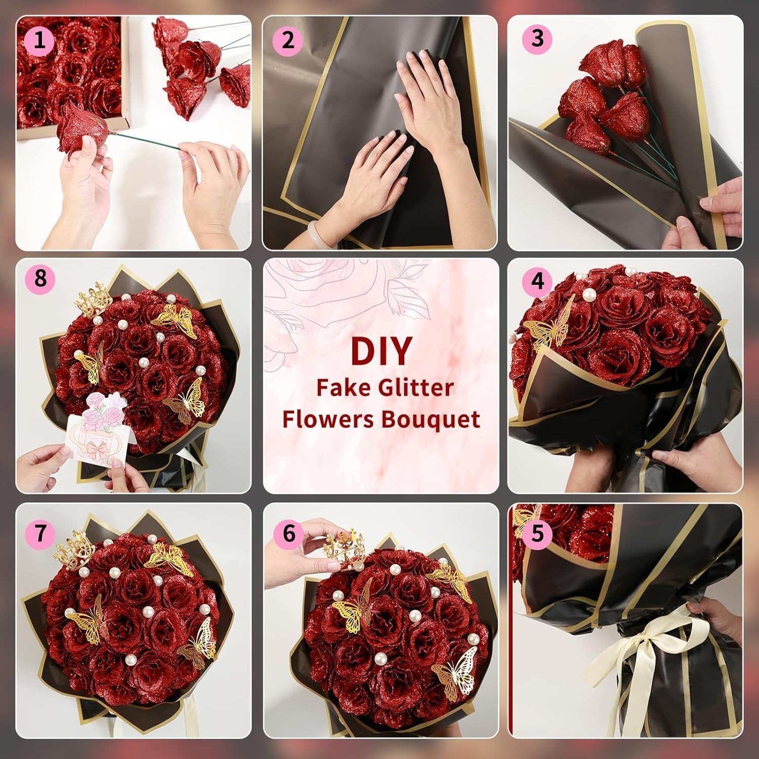Red Glitter Roses Bouquet DIY Fake Flowers Bouquet Everlasting Shiny Artifici…