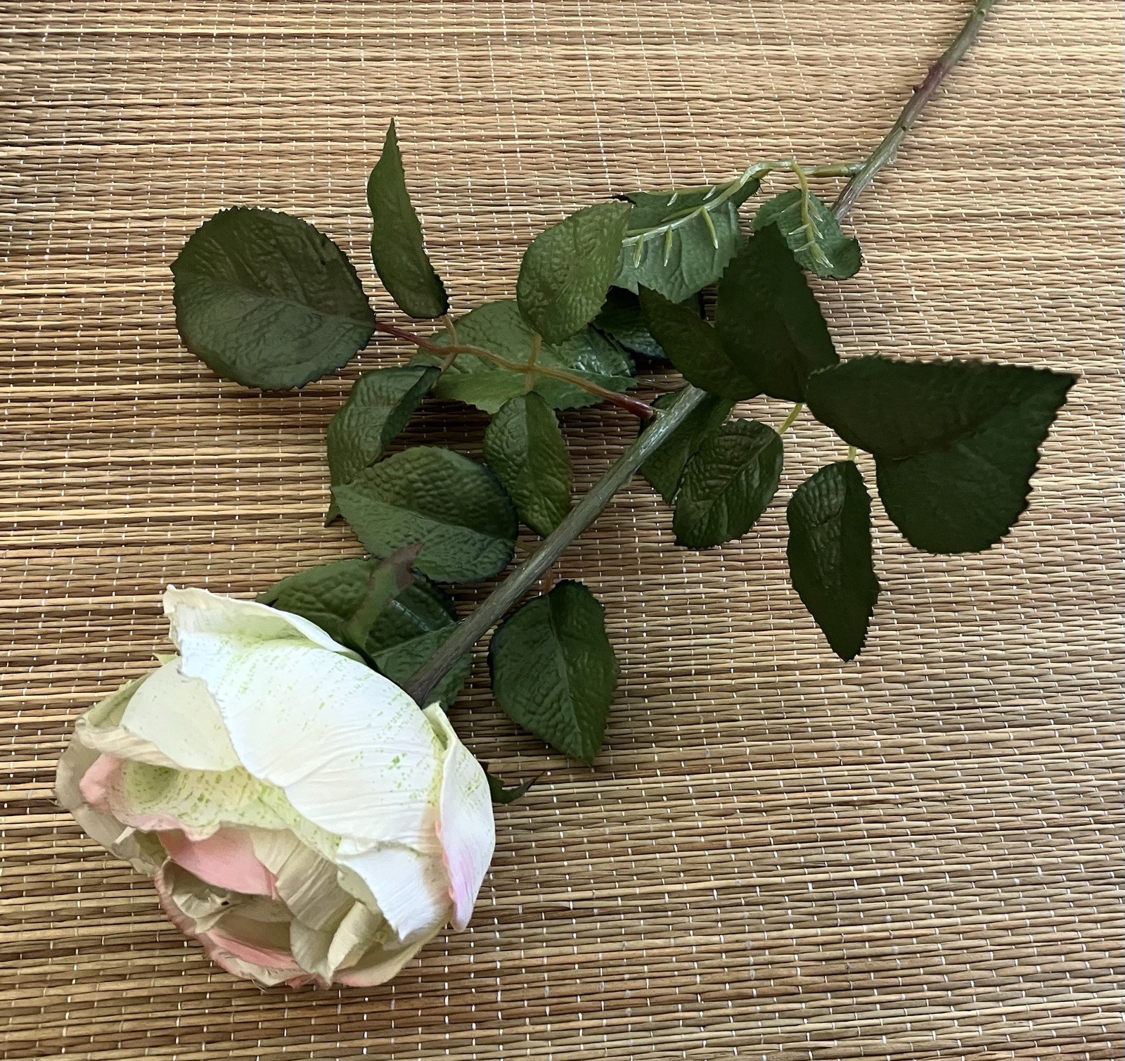 Vintage French 90’s Artificial Pale Green & Pink ROSE Flower w/ Leaves Long Stem