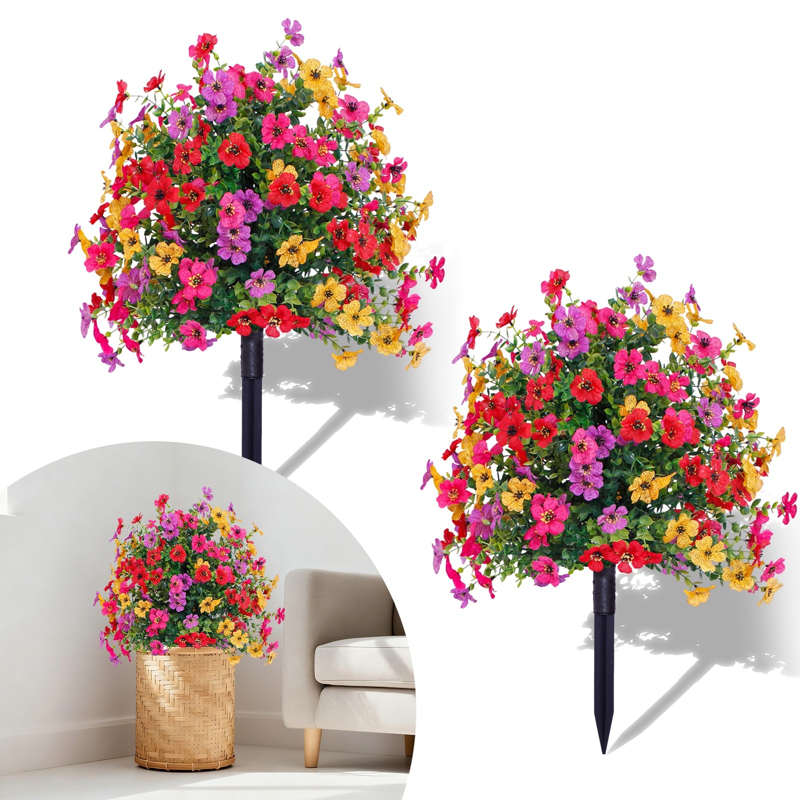 2PC Artificial Violet Flowers w/Ground Spike Fake Plants Garden Patio Yard Decor